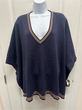 House of Harlow poncho sweater womens navy blue V-neck stripe trim one size soft